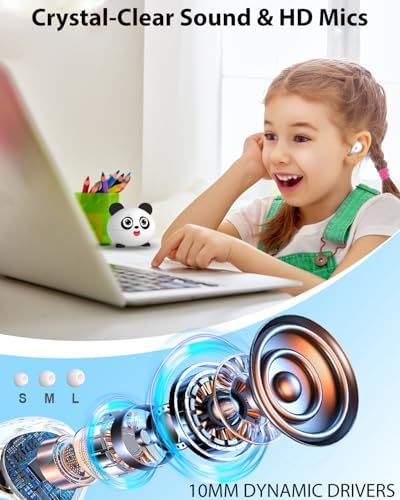 Panda-Themed Kids Bluetooth 5.3 Wireless Earbuds – Lightweight, IPX6 Waterproof, and 85 d B Volume Limiting for Safe Listening – Built-in Mic for Hands-Free Calls, Perfect for School, Travel, and Play – Durable Noise Cancelling Design for Young Audio Enthusiasts