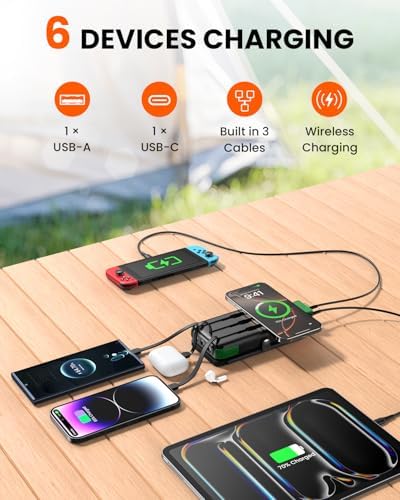 Ultimate SOARAISE 25000 m Ah Solar Power Bank: Fast Wireless Charging with Built-in Cables, Dual USB Outputs, 4 Solar Panels & Triple LED Flashlights for Outdoor Adventures – Reliable Portable Charger for Camping & Emergencies