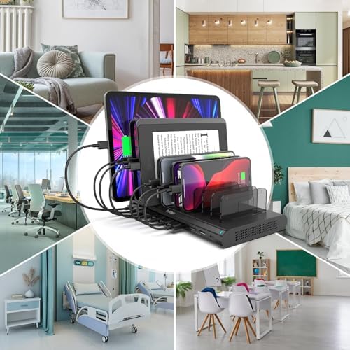 Ultimate 10-Port USB Charging Station with QC3.0 – 60 W Multi Charger Hub for Tablets & Smartphones, Customizable Dividers for Organized Power Management, Fast Charging Technology for Home & Office Use