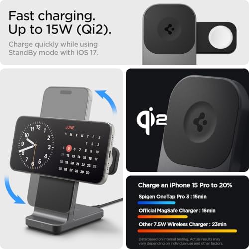 Maximize Charging Efficiency with Spigen One Tap Pro (Mag Fit) 3-in-1 Qi2 Certified Wireless Charging Stand – Rapid 15 W Power for i Phone 16/15/14/13/12, Apple Watch Ultra 2/1, and All Air Pods Models – Sleek Design with Enhanced Safety Features and Magnetic Alignment for Effortless Use