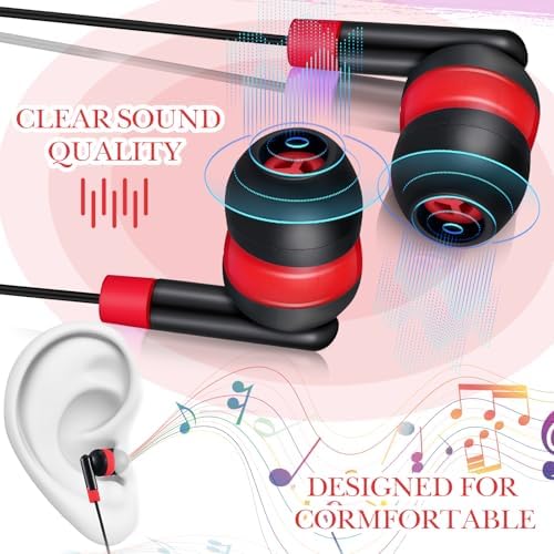 Kanayu 100-Pack Classroom Wired Earbuds – High-Quality Red Headphones with 3.5 mm Jack for Enhanced Learning Experiences, Individually Packaged for Hygiene and Easy Distribution, Ideal for Focused Listening in Libraries and Classrooms, Distraction-Free Design Without Microphone