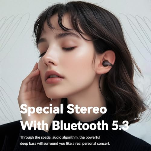 Q7 Open-Ear Bluetooth 5.3 Earbuds – Ultra-Lightweight Design for Maximum Comfort, Deep Bass with DT 6.0 Technology, Extended 34-Hour Battery Life, Quick USB-C Recharge – Ideal for Active Lifestyles and Seamless Connectivity in Black