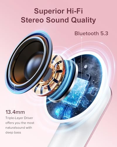 Sleek Rose Gold Wireless Earbuds with Bluetooth 5.3 | 42-Hour Long Battery Life & IPX7 Waterproof Design | Premium Noise Cancelling Earphones for Exceptional Audio | Intelligent LED Display for Seamless Connectivity on i OS & Android