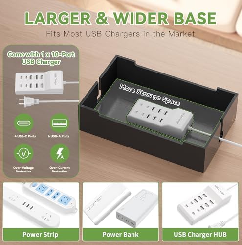 Pezin & Hulin Eco-Friendly Bamboo Charging Station – 10-Port USB Dock Organizer with 6 Cables, Enhanced Power Supply & Cable Management for Multi-Device Charging, Sleek Natural and Black Design for Homes and Offices