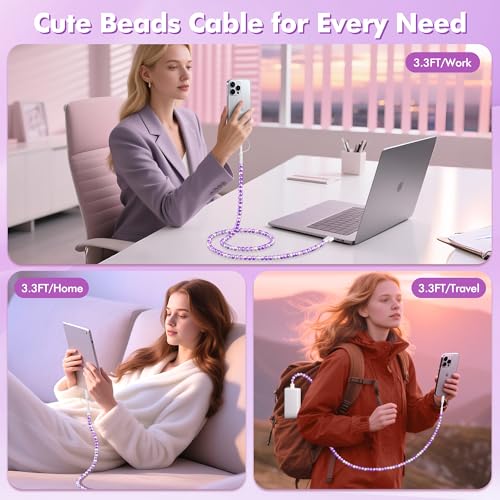 Stylish 2-in-1 Coolden USB C Cable: 3.3 FT Fast Charging Cord with Purple Beaded Design for i Phone 16, 15 Pro Max & Galaxy S25/S24 Ultra – Versatile Dual Compatibility for Trendsetters and Tech Enthusiasts