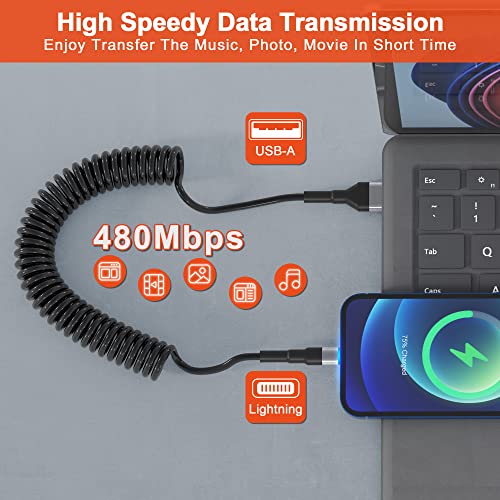 Elevate Your Drive: Premium Coiled Lightning Cable for Apple Carplay – MFi Certified, Short USB to Lightning Charger with Data Sync and LED Indicator, Retractable Design for Ultimate Portability and Fast Charging for i Phone, i Pad, and i Pod