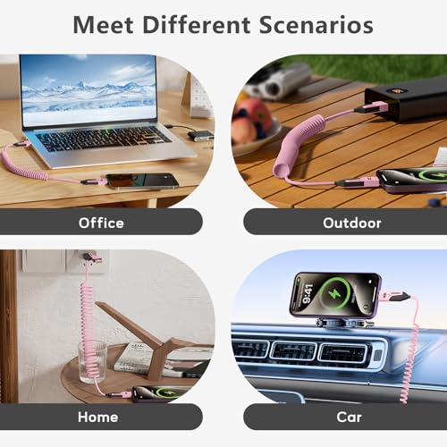 Versatile 4-in-1 Coiled USB C Cable – 4 ft – 65 W Fast Charging Solution for Phones, Laptops, and More – Durable Liquid Silicone Design in Pink – Tangle-Free Convenience, 2-Pack for Enhanced Compatibility and Speed