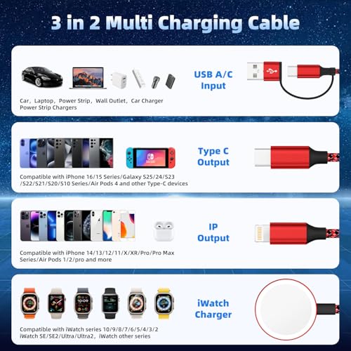Travel Essentials 3-in-1 Charging Cable for Apple Watch & i Phone | Versatile 5 FT USB A/C to Type C Charger | Fast-Power Solution for Modern Travelers | Ultra-Lightweight & Portable Dual Compatibility | Convenient 2-Pack for Effortless Charging on the Go