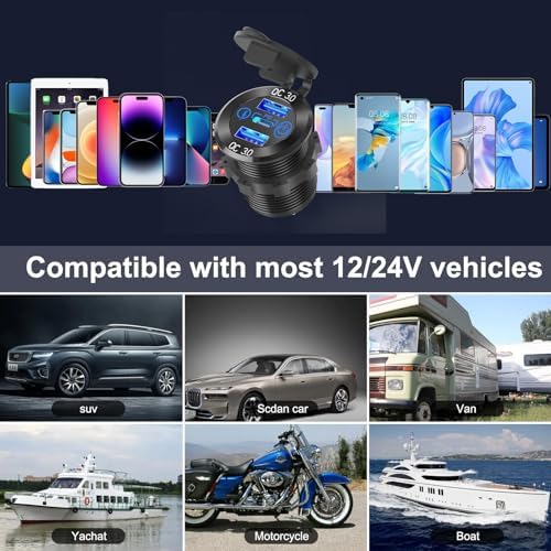 Premium 12 V USB Aluminum Car Charger Socket with PD 3.0 and Dual Quick Charge 3.0 Ports – Waterproof Automotive Charging Solution for Cars, Boats, RVs & Motorcycles – Touch Switch Control & Fuse Wire Kit for Enhanced Safety and Versatility
