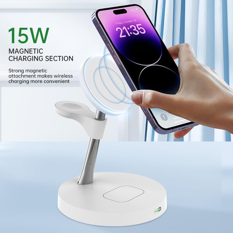 Versatile 3-in-1 Wireless Charging Station for Apple Devices – Fast 15 W Magnetic Charger for i Phone 15/14/13, Apple Watch & Air Pods – Travel-Friendly Dock with Enhanced Compatibility & Safety Features – Sleek White Design for Home or Office Use