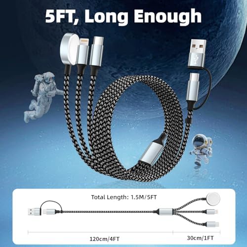 Universal 3-in-2 Travel Charging Cable for Apple Watch and Smartphones – 5 FT High-Speed Dual-Device USB-A/USB-C Charger for i Phone 16/15/14 & Android – Lightweight, Durable Solution for On-the-Go Power Management