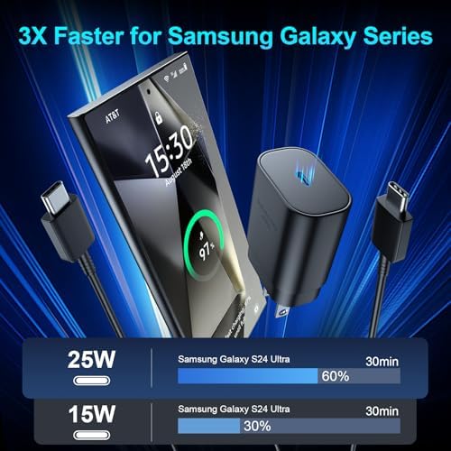 Ultra-Fast 25 W Type C Charger Block with 6.6 FT USB C Cable – Samsung Super Fast Charging Solution for Galaxy S25 Ultra/S25/S24 Ultra/S24/S23 Ultra/S22 Ultra/S22+ – 3-Pack for Home, Office & Travel – Enhanced Compatibility for All USB-C Devices