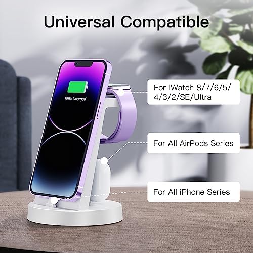 DUMTERR 3-in-1 Wireless Fast Charging Dock – Streamlined Charging Solution for i Phone 14 Pro Max/13/12/11/X/8 Plus, Air Pods & All Apple Watch Models (8/Ultra/7/6/SE/5/4/3/2) – Space-Saving Design with Enhanced Safety Features for a Modern Workspace and Effortless Multi-Device Power-ups