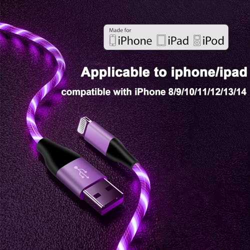 Illuminate Your Charging Experience: 6 ft LED Light-Up MFi Certified i Phone Charger Cable – Fast Charging for i Phone 14, 13, 12, 11 Pro Max, XR, X, SE, 8 Plus, i Pad & i Pod (Vibrant Purple) – Stylish, Durable, and Convenient Performance
