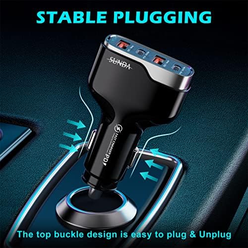 Experience Rapid Roadside Charging with SUNDA 120 W USB C Fast Car Charger – 4-Port Adapter Featuring Dual Type C PD60 W/PPS60 W for i Phone 16/15 Pro/Max/14 & Samsung Galaxy S24, Plus Dual USB-A 30 W QC3.0 for All Android Devices – Compact, Durable, and Universally Compatible for Effortless Multi-Device Charging on the Go