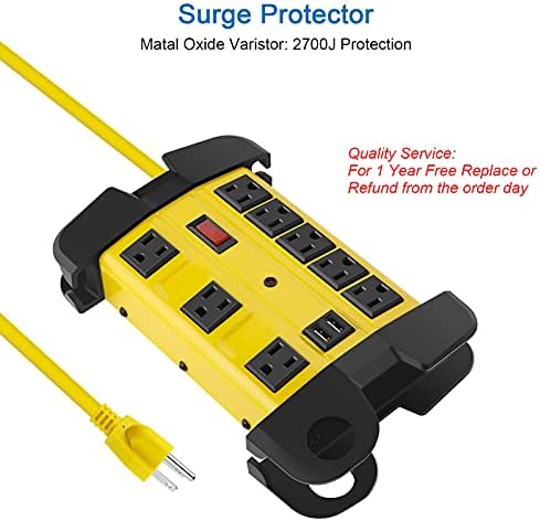 Industrial Heavy Duty Power Strip with 8 Outlets & USB Ports – 2700 Joules Surge Protector for Workshop & Garage – 15 Amp Metal Power Strip with 6 FT Extension Cord for Enhanced Device Compatibility & Fast Charging