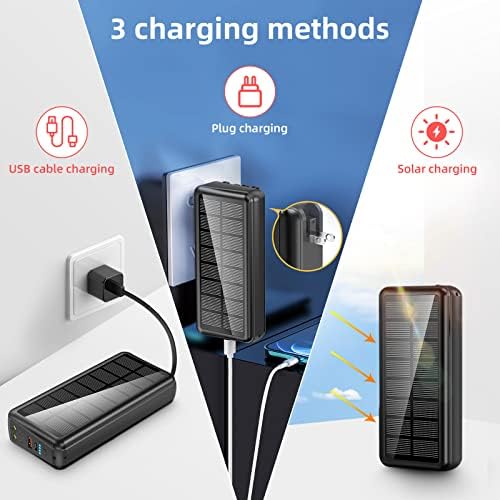 Ultra-Reliable 50,000 m Ah Solar Power Bank with Built-in Cable and Wall Plug | 30 W Fast Charging External Battery Pack with 5 Outputs, Dual LED Flashlights, and Integrated Phone Holder for On-the-Go Convenience (Blue) – Perfect for Travel and Outdoor Adventures