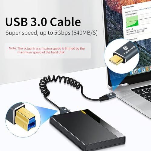 Retractable Coiled USB B to USB C Cable for High-Speed Data Transfer – 5 Gbps Compatibility with Mac, PC, Laptops, MIDI Keyboards, and DJ Controllers – Adjustable Length from 0.75 FT to 3.3 FT for Effortless Connectivity and Organization