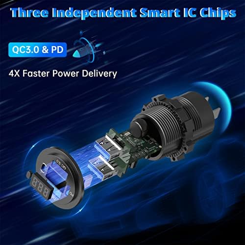 Qidoe 12 V USB Car Charger with Dual Quick Charge 3.0 Ports & 30 W USB-C PD Socket – Waterproof Multi-Device Charging Adapter for Cars, Boats, RVs, and Trucks with Integrated Voltmeter and Power Control Switch for Enhanced Durability and Performance