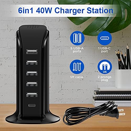 Upoy Multi-Device Charging Station – Stylish USB Tower Hub with 5 USB Ports + 1 Type-C Port for Rapid Charging | Perfect Desk Accessory for Apple, Samsung, and Android Gadgets | Compact Design with Overload Protection for Home and Office Use
