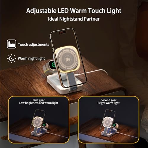 Revolutionize Your Charging Routine with the 3-in-1 Magnetic Wireless Charger Station for Apple Devices – Foldable Design, Integrated Night Lamp, and Mag Safe Compatibility for i Phone 16/16 Pro/16 Pro Max/15/14/13/12, Air Pods, and Apple Watch (Sleek Black Finish) – Ultimate Convenience and Enhanced Speed for Modern Users