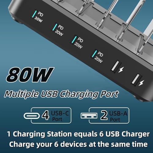 High-Power 80 W 6-Port USB Charging Hub – Rapid Multi-Device Power Station for i Phone 16/15/14 Pro/Mini, i Pad Pro & Samsung – Compact, High-Efficiency Charger for Families & Shared Spaces