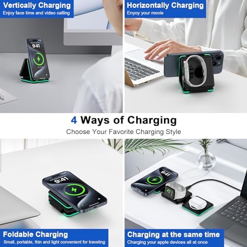 Ultimate 3-in-1 Magnetic Wireless Charging Station for i Phone, Air Pods, and Apple Watch – Foldable Travel Dock with Fast Charging for i Phone 15/14/13/12 Pro/Max/Mini/Plus, Air Pods Pro/3/2, and All Watch Series – Compact, Efficient, and Stylish Power Solution for On-the-Go Users