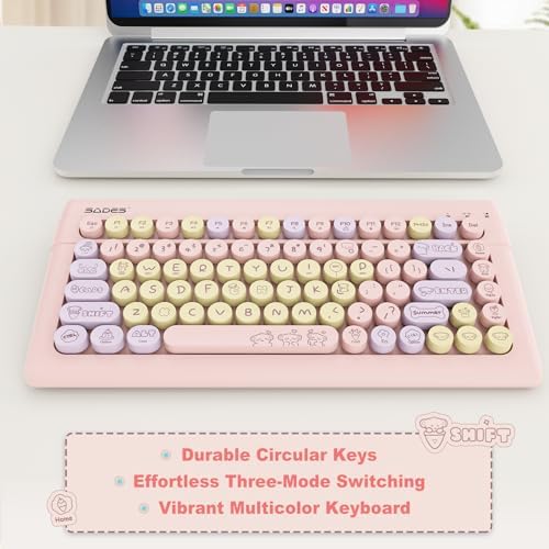 SADES Retro Wireless Bluetooth Keyboard for Mac, i Pad, i Phone, PC & Android – Multi-Device Connectivity & Portable Design with Vintage Round Keycaps – Perfect for Effortless Typing on the Go in Chic Pink