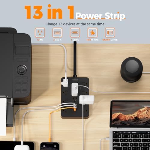 TESSAN 10 FT Surge Protector Power Strip with 10 AC Outlets & 3 USB Ports (1 USB-C) – Premium Multi-Plug Charging Station for Home, Office & Dorm Rooms with 1700 Joules of Surge Protection – Efficient & Versatile Power Management Solution