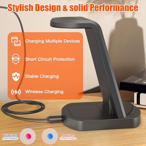 Efficient 3-in-1 Wireless Charging Dock for i Phone 16/15/14, Apple Watch, and Air Pods – Rapid Charge Station with 1.5 M USB Cable in Sleek Black – Streamline Your Charging Experience and Maximize Productivity