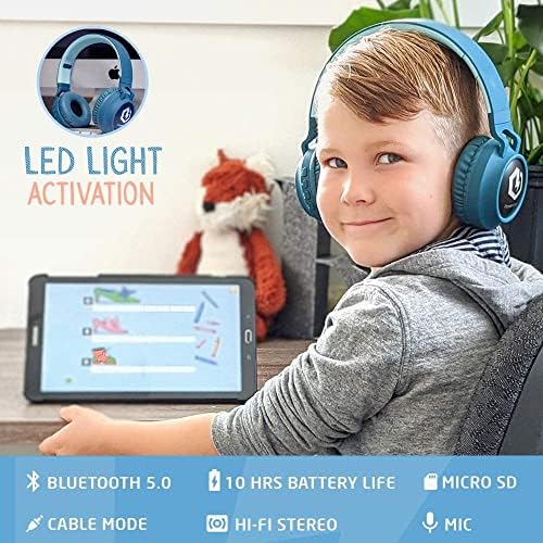 Kid-Friendly Bluetooth Headphones with LED Lights – Safe 85 d B Volume Limit for Young Ears, Foldable Design for Travel Ease, Micro SD Card Playback, Integrated Mic for Calls – Perfect Wireless Audio for Kids’ Adventures and Learning