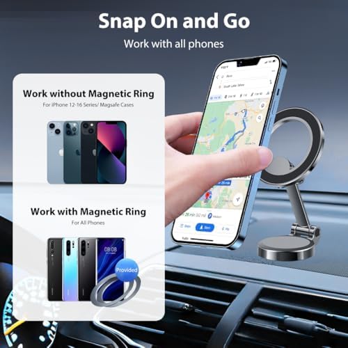 for MagSafe Car Mount, 360° Rotation Phone Holder for Car, Universal Dash Car Mount, All-Metal Magnetic Phone Mount for Car Fit for iPhone 15 14 13 12 Pro Max Plus Mini MagSafe Cases – Enhanced Compatibility and Speed