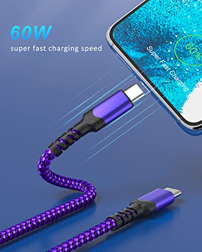 10 ft USB C to USB C Charging Cable – Fast 60 W Power Delivery Braided Cord for Galaxy S23 Ultra, i Phone 15/16, i Pad Pro, Mac Book – Durable, Tangle-Free Design in Purple, Green, Blue, Pink for Maximum Flexibility and Style