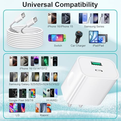 20 W Dual-Port USB C Charger Block 2-Pack with 6 FT Cables – Rapid Power Delivery for i Phone 16/15 Pro Max & Galaxy Series – Fast Charge Anywhere with Enhanced Safety Features and Portable Design