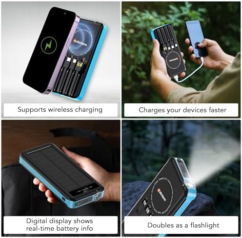 Ultimate Portable Solar Power Bank with Integrated Charging Cables – 10,000 m Ah Waterproof Battery Pack for Phones Featuring USB, Micro USB, Lightning, Type-C, and Wireless Charging – Perfect for Outdoor Adventures and Daily Use (Black Blue)