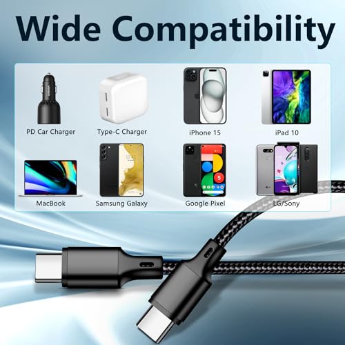 High-Speed 10 FT USB C to USB C Charger Cable – Durable Nylon Braided 3-Pack for Rapid 60 W Charging – Compatible with i Phone 15/16, i Pad Pro, Mac Book, Samsung & Google Devices – Sleek Black Design for Ultimate Flexibility and Reliability