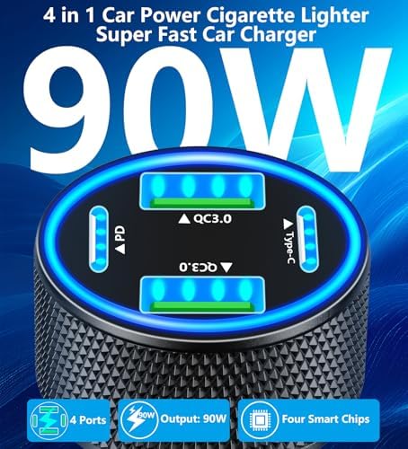 KYOHAYA 90 W Car Charger Bundle – 4-Port USB-C & USB-A Fast Charging Adapter for i Phone 16/15/14/13/12/11 Pro, Galaxy S25/S24, Google Pixel – High-Speed Dual Charging Solution for Road Trips and Daily Commutes – Durable, Compact Design for Enhanced Compatibility and Performance