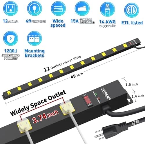 Heavy-Duty 12-Outlet Power Strip with Surge Protection – 4 ft Cord, ETL Certified for Industrial & Garage Use, Efficient Multi-Device Connectivity, Durable & Reliable Power Supply Solution for Workshops and Equipment