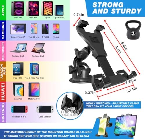 Heavy-Duty 3-in-1 Tablet Holder for Cars: Versatile Dashboard, Windshield & Air Vent Mount for i Pad Pro, Mini, and Galaxy Tabs (6″-12.9″) – Ultimate Safety and Stability for a Distraction-Free Drive