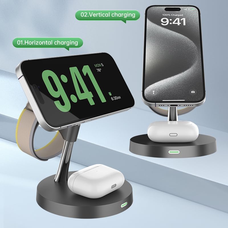 Versatile 3-in-1 Wireless Charging Station for Apple Devices – Fast 15 W Magnetic Charger for i Phone 15/14/13, Apple Watch & Air Pods – Travel-Friendly Dock with Enhanced Compatibility & Safety Features – Sleek White Design for Home or Office Use