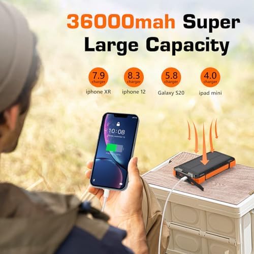 High-Capacity Solar Power Bank – 36,000 m Ah Portable Wireless Charger with 15 W Fast Charging, Built-In Cables & Multiple Inputs for Ultimate Device Compatibility – Lightweight & Durable for Outdoor Use