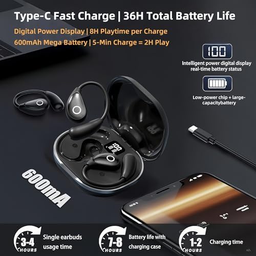 Stylish Pink Bluetooth Earbuds for Active Women – High-Performance Sports Headphones with 36-Hour Battery Life, IPX7 Waterproof Design, Secure Over-Ear Hooks, and Touch Control – Ideal for Gym, Running, and HD Sound Experience with Quick Charge Feature