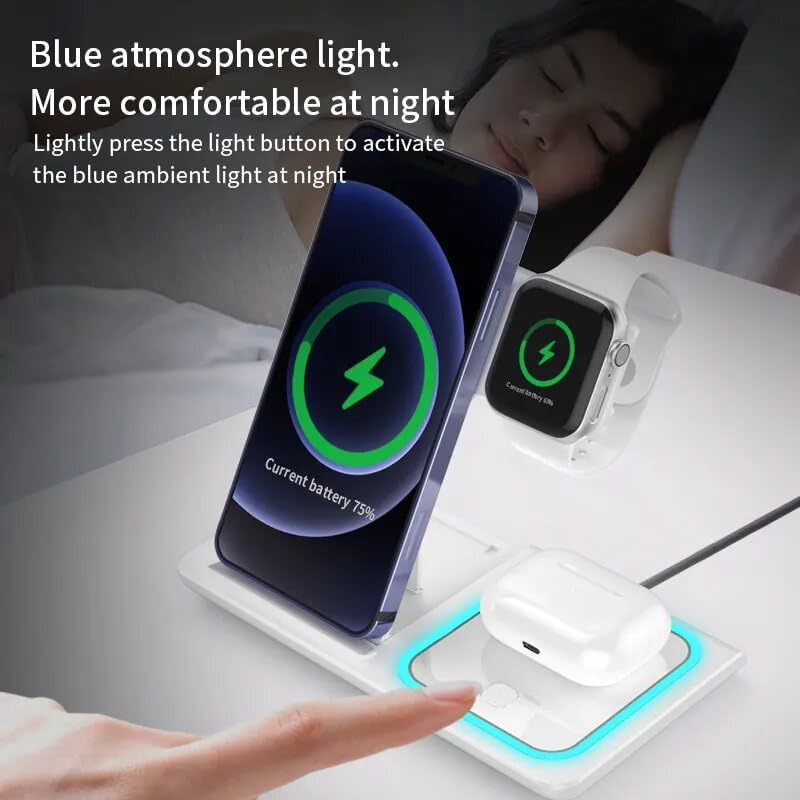 Ultimate 3-in-1 Foldable Wireless Charging Dock for Apple Devices with Built-In LED Night Light – Fast, Compact, and Stylish Charger for i Phone, Apple Watch, and Air Pods – Perfect for Home and Travel – Sleek White Finish for Modern Aesthetics and Organized Spaces