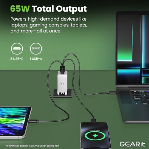 Power Up Your Devices Efficiently with the GEARit 65 W Ga N USB-C Triple-Port Fast Charger – PD 3.0 Wall Adapter for Seamless Charging of Apple, Samsung, Google, and Dell Devices – Compact, Lightweight Design with Superior Safety Features for Fast Multi-Device Power Delivery