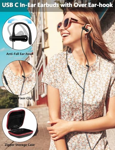 Ultimate USB C Over-Ear Hook Headphones – Cutting-Edge Noise-Canceling Earbuds for i Phone 16 Pro, Samsung S25, and All Android Devices – Unmatched Comfort & Impeccable Sound Quality for Gamers and Audiophiles