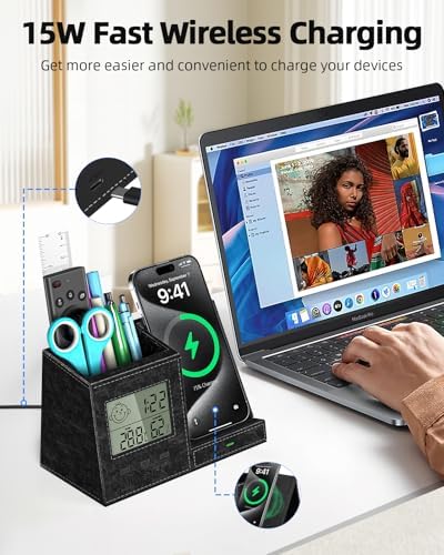 Multi-Functional Desk Organizer with Wireless Charging, Digital Thermometer & Humidity Monitor – Stylish Brown Pen Holder for Home Office Efficiency and Clutter-Free Workspace