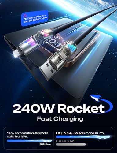 LISEN 240 W 4-in-1 USB C to Lightning Charging Cable – 10 FT Heavy-Duty Multi-Device Charger with LED Indicator for i Phone 16/15/14 Pro, Mac Book, i Pad, Samsung S25 & Nintendo Switch – Ultimate Flexibility and Fast Power Delivery
