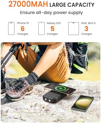 Riapow 27000 m Ah Solar Power Bank: Ultimate Wireless Portable Charger with Fast 22.5 W Charging, Built-in Cables, PD & QC3.0 for i Phone & Tablets, Enhanced Emergency Flashlight, Durable Black Design for Outdoor Adventures and Daily Use