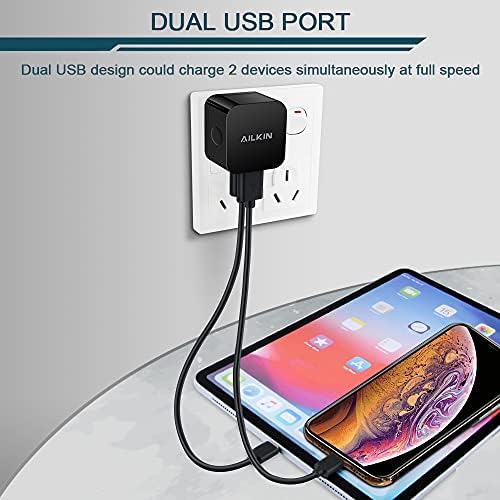 AILKIN Dual Port USB Wall Charger Pack – 2.4 A Fast Charging Power Cube for i Phone 15/14/13/12 Pro Max & Samsung Devices – Compact Travel Adapter for Simultaneous Device Charging – Sleek White Design for Home & Office Use