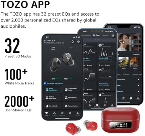 TOZO Premium Hybrid Active Noise Cancelling Wireless Earbuds – Advanced Bluetooth 5.3 Technology with 59-Hour Playtime, 6-Microphone Clarity for Crystal-Clear Calls, IPX8 Waterproof for Ultimate Durability, App-Controlled Customizable 32 EQ Settings for Personalized Audio Experience – Ideal for Active Lifestyles and Audiophiles Seeking Exceptional Sound Quality